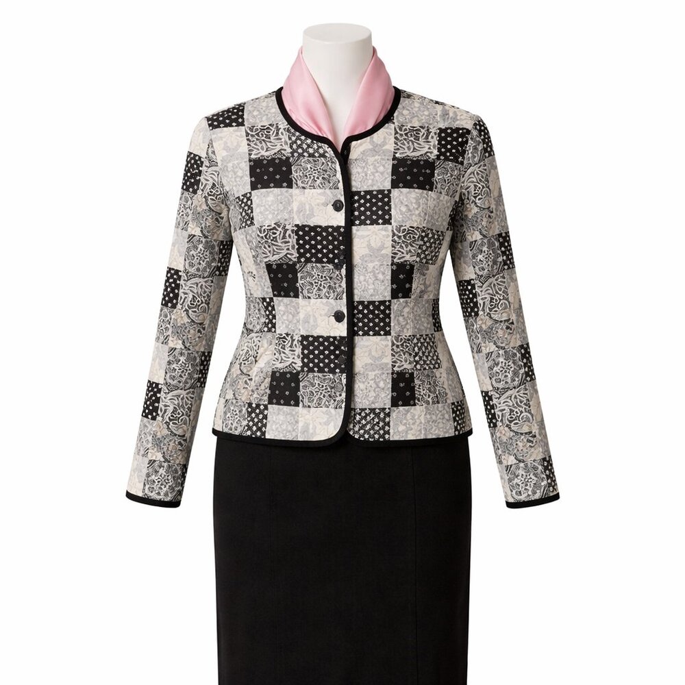 Silkland Patchwork Jacket Small 100% Silk Quilted Lightweight Black Mixed Print
